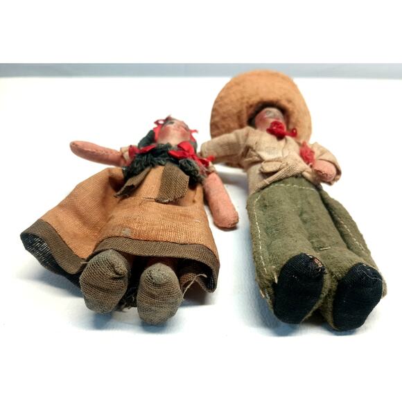 Vintage Mexican Folk Art Fabric Cloth Handmade Dolls 6" Set of 2 1940's? - Picture 5 of 8